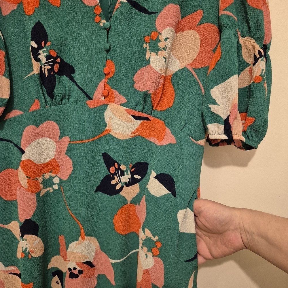 VINCE CAMUTO Pebble Crepe Vintage Floral Midi Dress Puff Sleeves Pockets Size 6